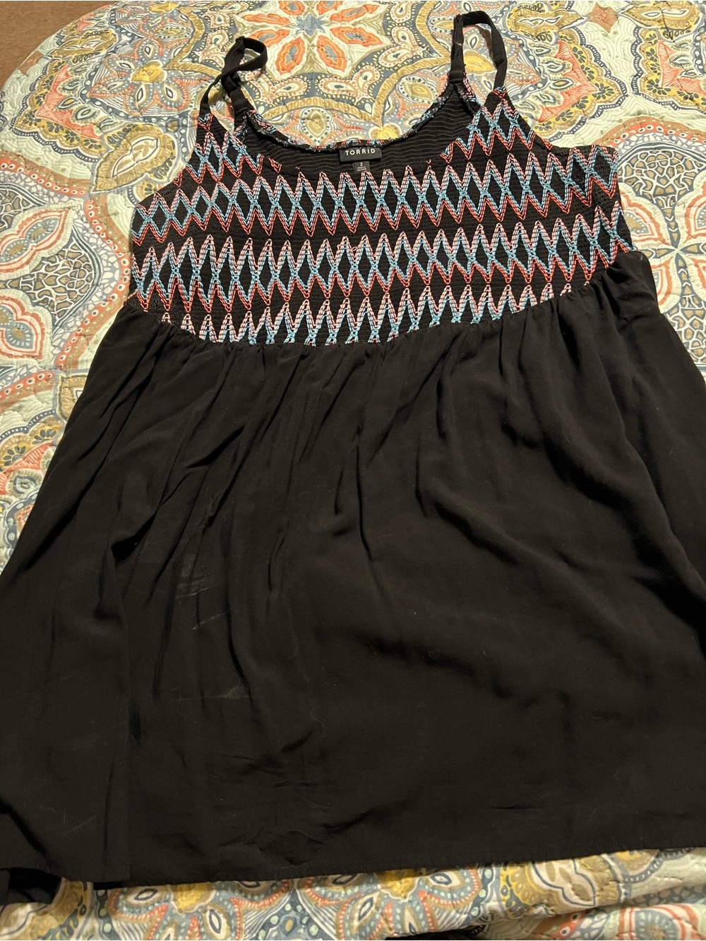 torrid Black Tank with Blue & Red Zigzag Smocking